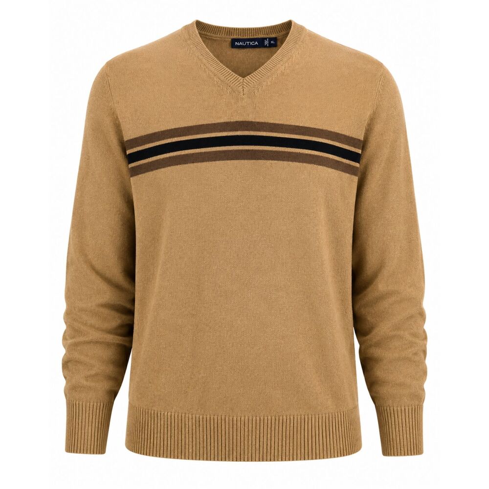 Nautica Men's XL Tan V-Neck Striped Knit Sweater Pullover Cotton Blend